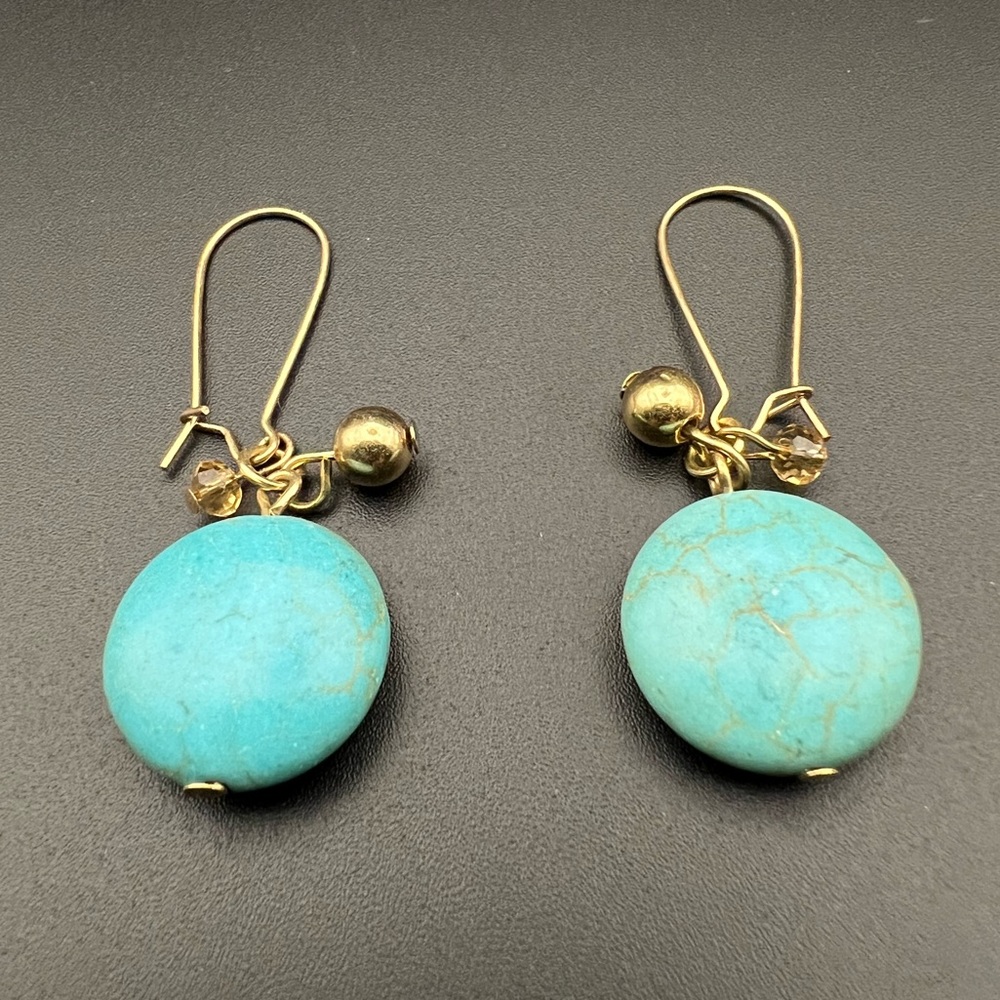 Turquoise Howlite and Gold Tone Dangle Earrings - Picture 1 of 3